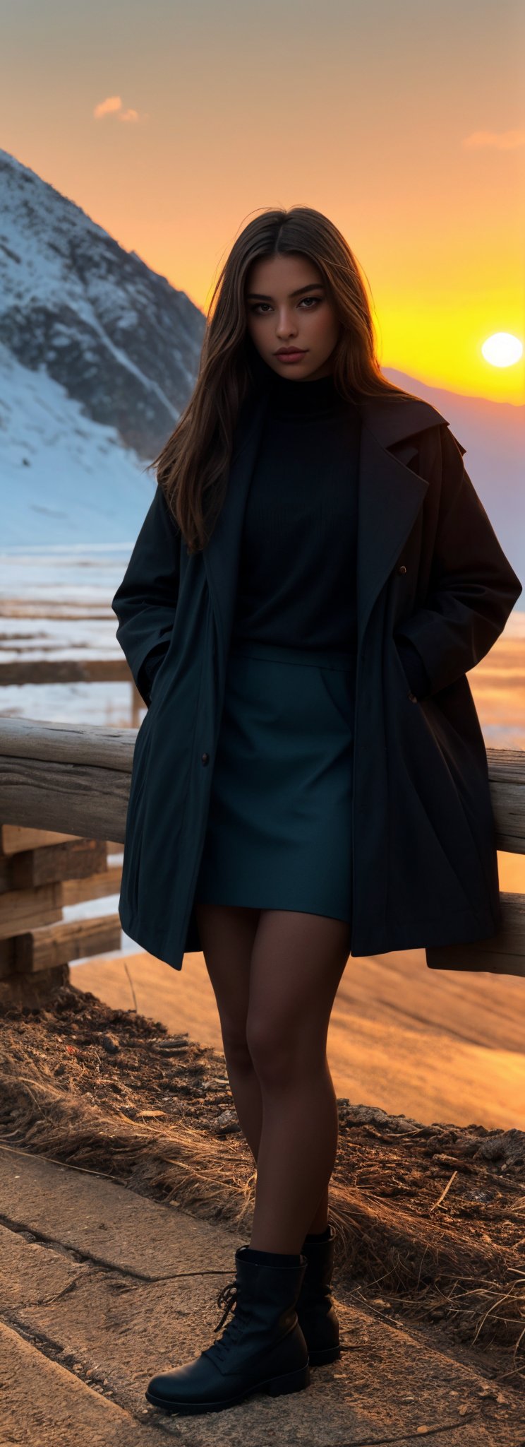 Cute girl, donning long locks and a grey winter coat, rustic wood log amidst the picturesque snowing Swiss mountains. 