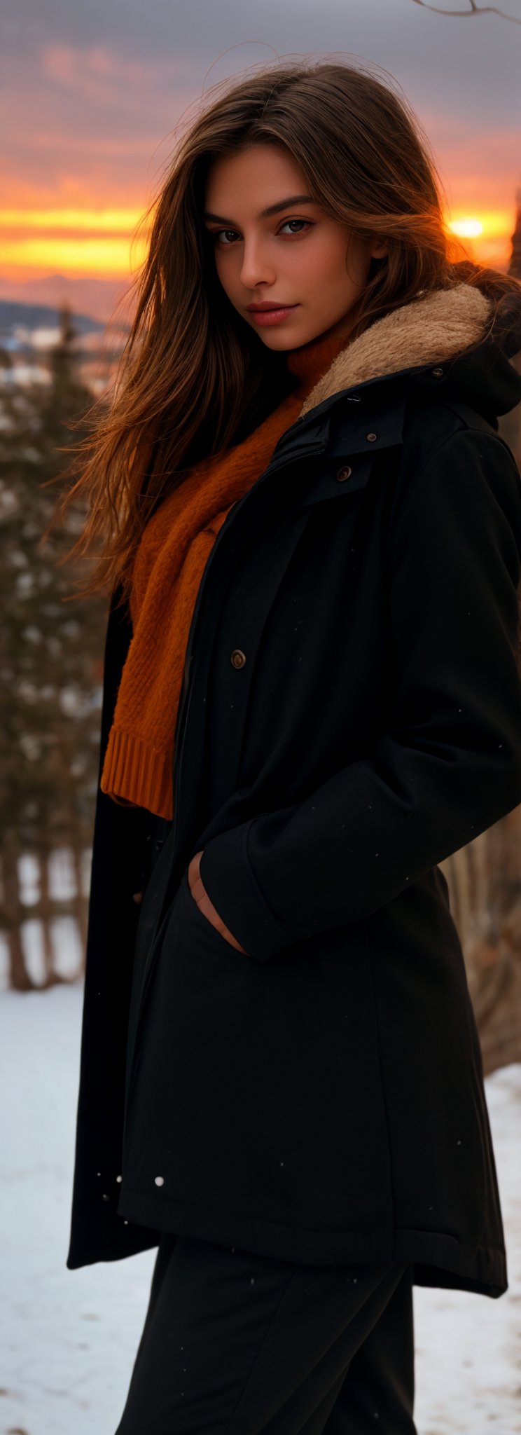 Cute girl, donning long locks and a grey winter coat, rustic wood log amidst the picturesque snowing Swiss mountains., 