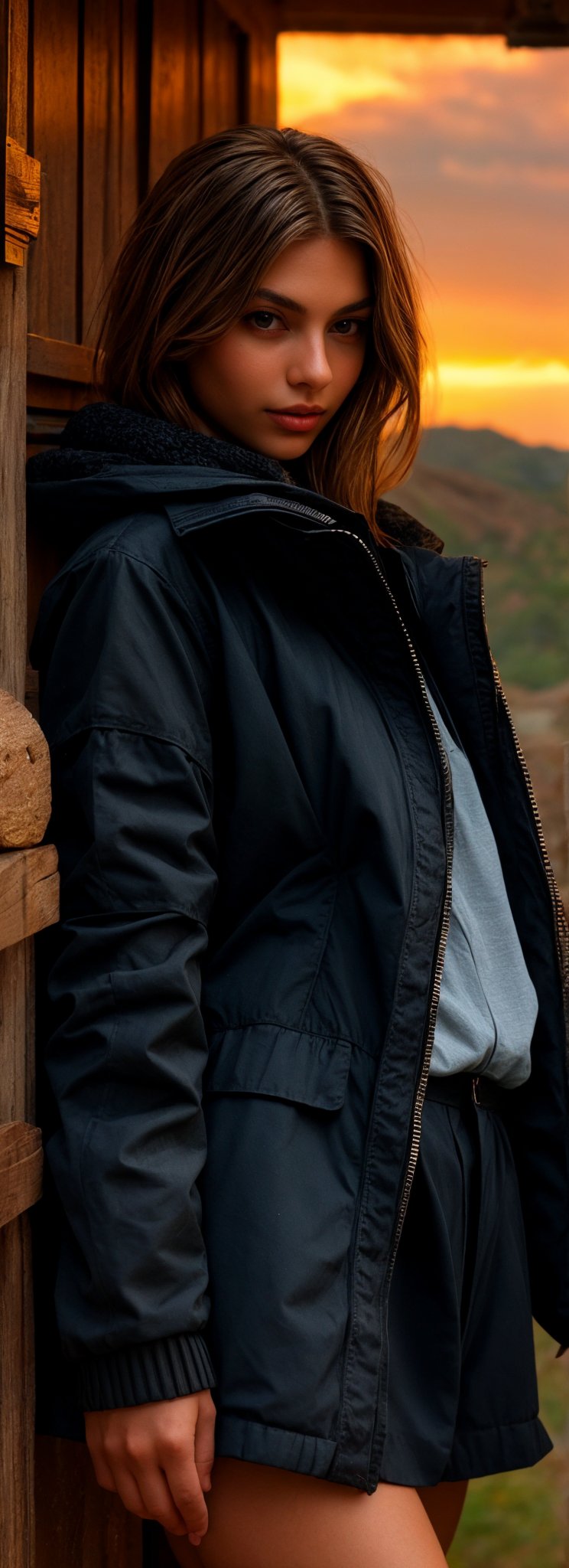 Cute girl, donning long locks and a grey winter coat, rustic wood log amidst the picturesque snowing Swiss mountains.