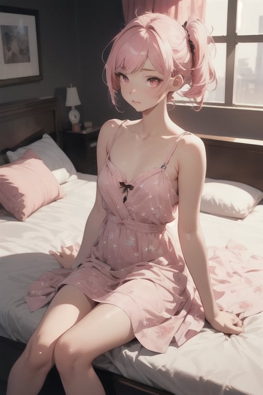 (masterpiece), best quality, high resolution, highly detailed, detailed background, perfect lighting, 1girl, pink hair, short hair, left side ponytail, pink eyes, flat chest, sundress, simple, bedroom, lay on bed, midnight