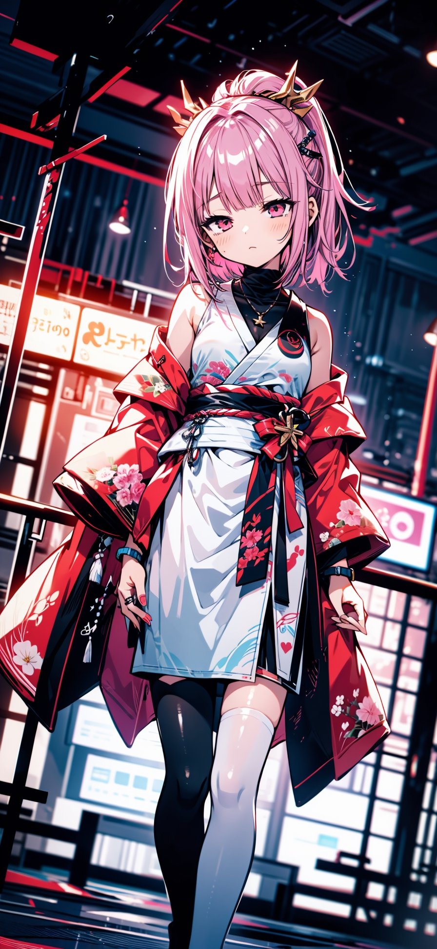 (masterpiece), hyper quality, Hyper Detailed,  in the middle, night, Starry sky, 1girl, solo, shrine maiden, pink hair, shorthair, side_ponytail, pink eyes, flat_chest, dutch angle, midjourney,sleepy