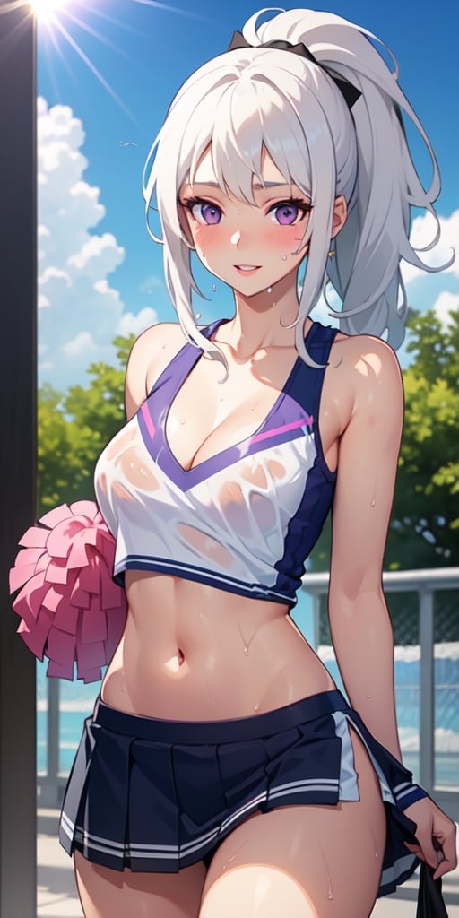 realistic, 1girl, ponytail, parted lips, blush, makeup, light smile, white hair, sportswear, skirt, wet clothes, glow, thighs, purple eye, bare shoulders, collarbone, narrow waist, sunbeam, sunlight, rose, wind, cleavage, (masterpiece), sweat, cheerleader