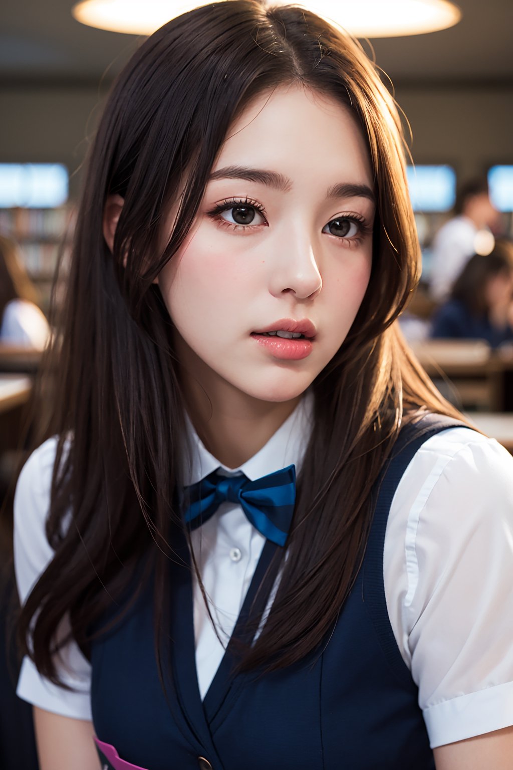 An old teacher kisses a high school girl. 1girl,1boy, mouth kiss, High school girl uniform, realistic, masterpiece, top quality, raw photo, one woman, seductive face, big breasts, young face, soft lighting, library