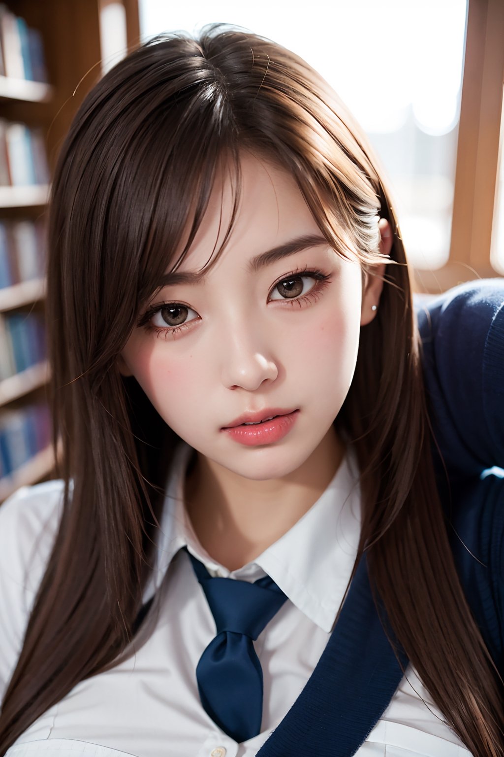 An old men teacher kisses a high school girl. 1girl,1boy, mouth kiss, High school girl uniform, realistic, masterpiece, top quality, raw photo, one woman, seductive face, big breasts, young face, soft lighting, library