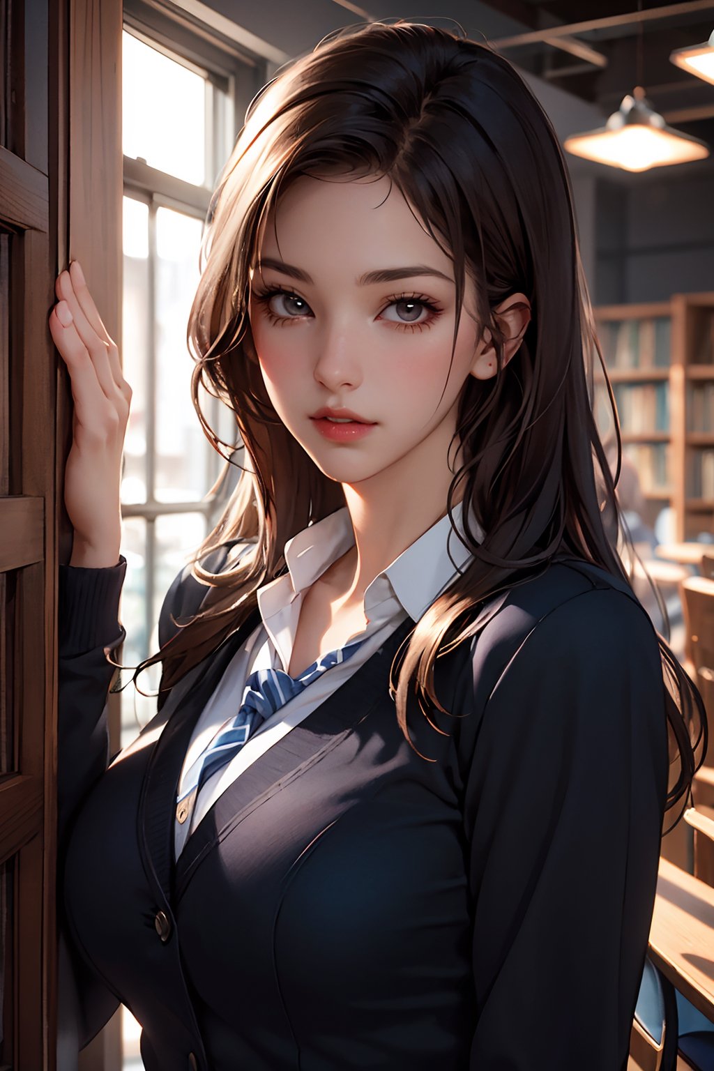 An old teacher kisses a high school girl. High school girl uniform, realistic, masterpiece, top quality, raw photo, one woman, seductive face, big breasts, young face, soft lighting, library