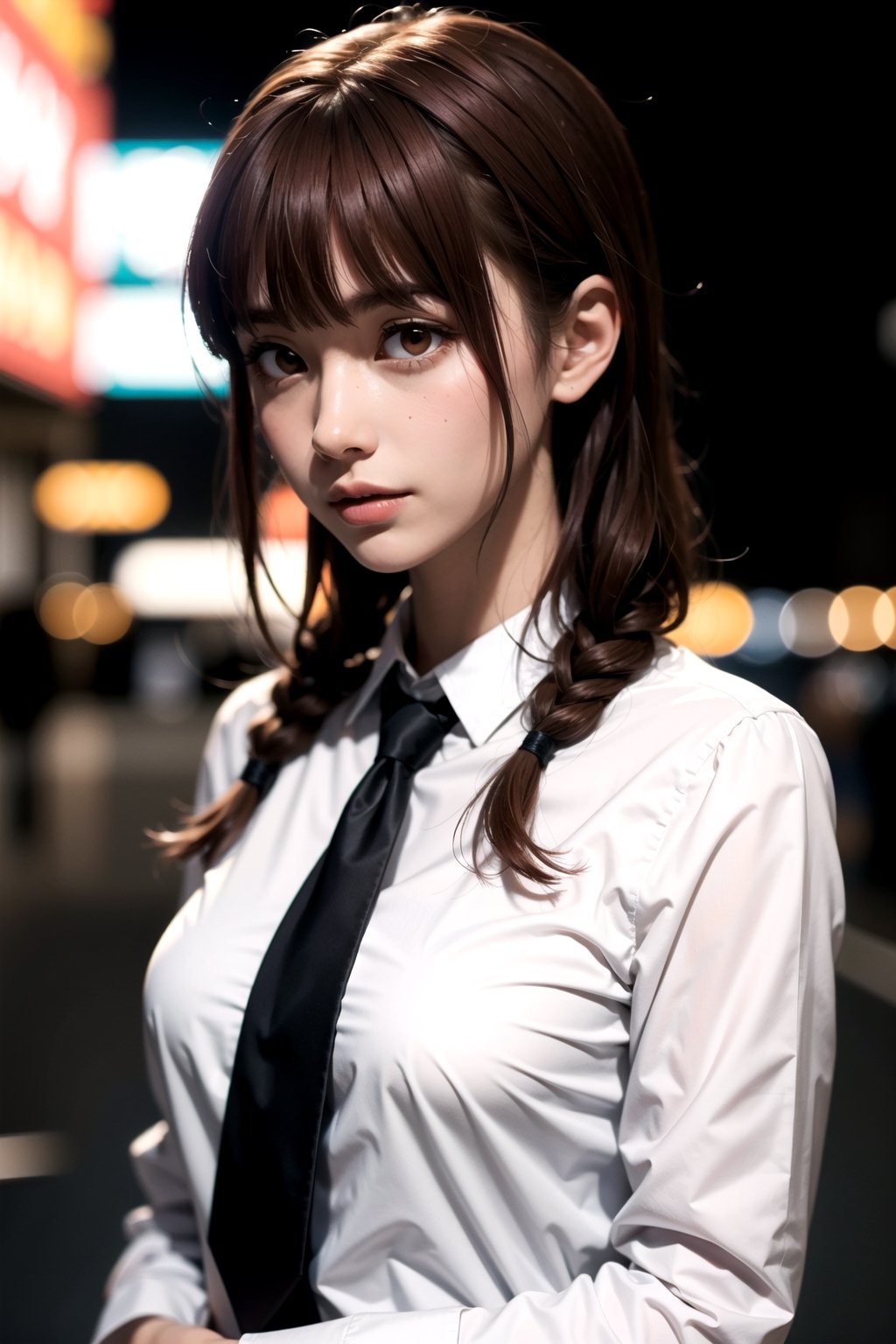 upper body, (masterpiece), detailed background, perfect lighting, 1girl, long hairstyle, bangs, medium breasts, blouse, red hair, red eyes, city, urban, bokeh, depth of field, | wear black tie |,makima \(chainsaw man\),makima\(chainsaw man\),makimacsm