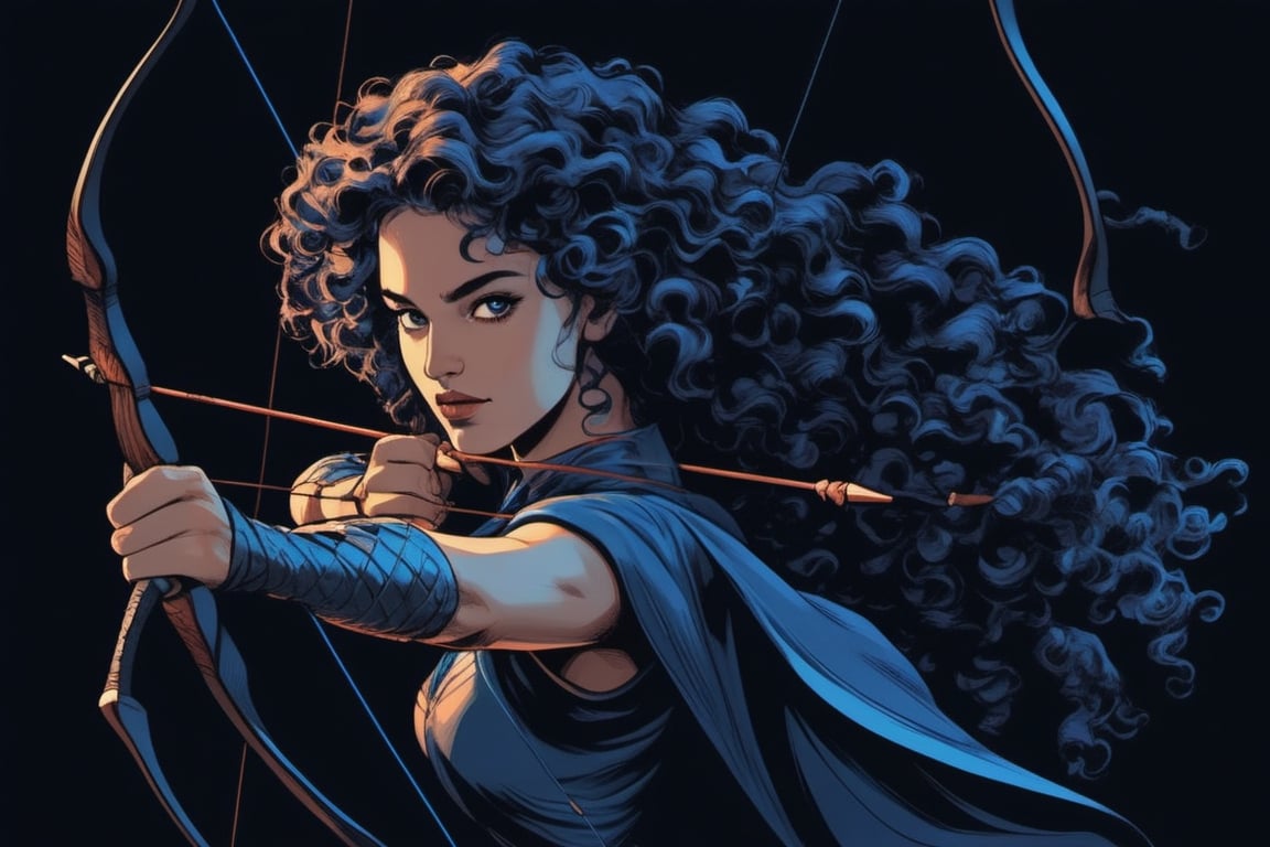 Beautiful woman with darkblue midi ling curly hair and blue ees, half body, archer holding a bow, woman from a fantasy game, dark background, photography, realistic, high contrast,ink draw,Comic book Grzegorz Rosiński style, Vector Drawing
 , professional, 4k, mutted colors, vintage, ,Flat vector art,Vector illustration,flat design,Illustration