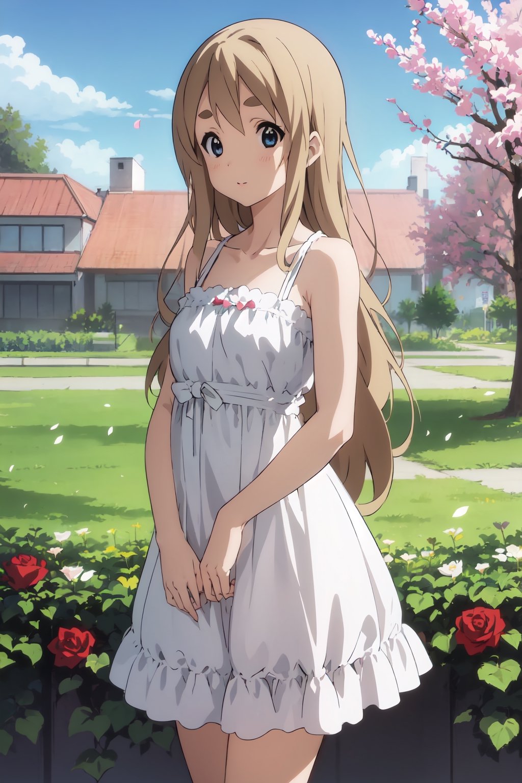 1girl, long straight hair for , (dress:1.3), small breasts, collarbone, flowers and petals, (illustration:1.1), (perfect details:1.1), landscape, background, rose, abstract,mio akiyama,tsumugi kotobuki