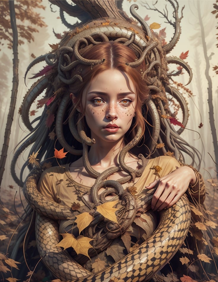 Medusa girl, mitological, red eyes, red lips, freckles, hair made of snakes, snakes in her hair, leaves in front of her, 3Dstyle, masterpiece, best quality, perfect face, libray scene, style,3d toon style, Realism, autumn_leaves, autumn ambience, sunset light, no logo,EpicArt