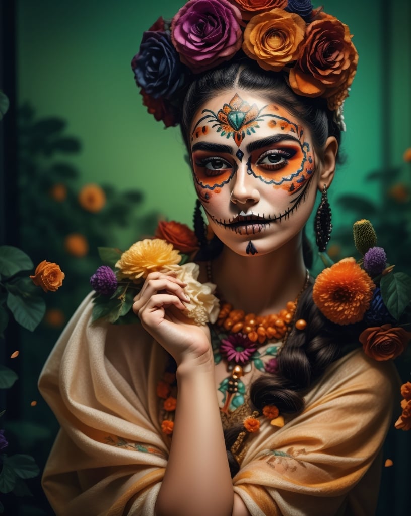 Crea un retrato de Frida Kahlo con maquillaje de catrina para el Día de muertos ((cara blanca maquillaje negro y naranja)) sosteniendo un cigarro, vistiendo un huipil, envuelta en un rebozo, colores vivantres, elementos naturalistas, óleo sobre lienzo, fondo adornado con nopales, (masterpiece, best quality:1.5),detailmaster2,xyzgg style,leonardo