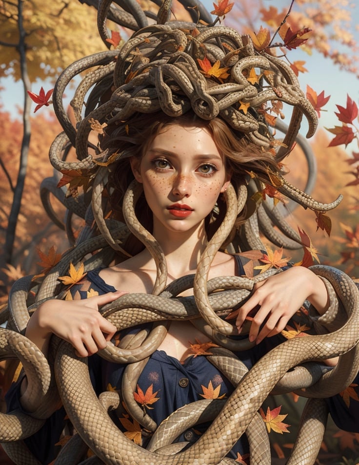 Medusa girl, mitological, red eyes, red lips, freckles, hair made of snakes, snakes in her hair, leaves in front of her, 3Dstyle, masterpiece, best quality, perfect face, libray scene, style,3d toon style, Realism, autumn_leaves, autumn ambience, sunset light, no logo,EpicArt,renaissance