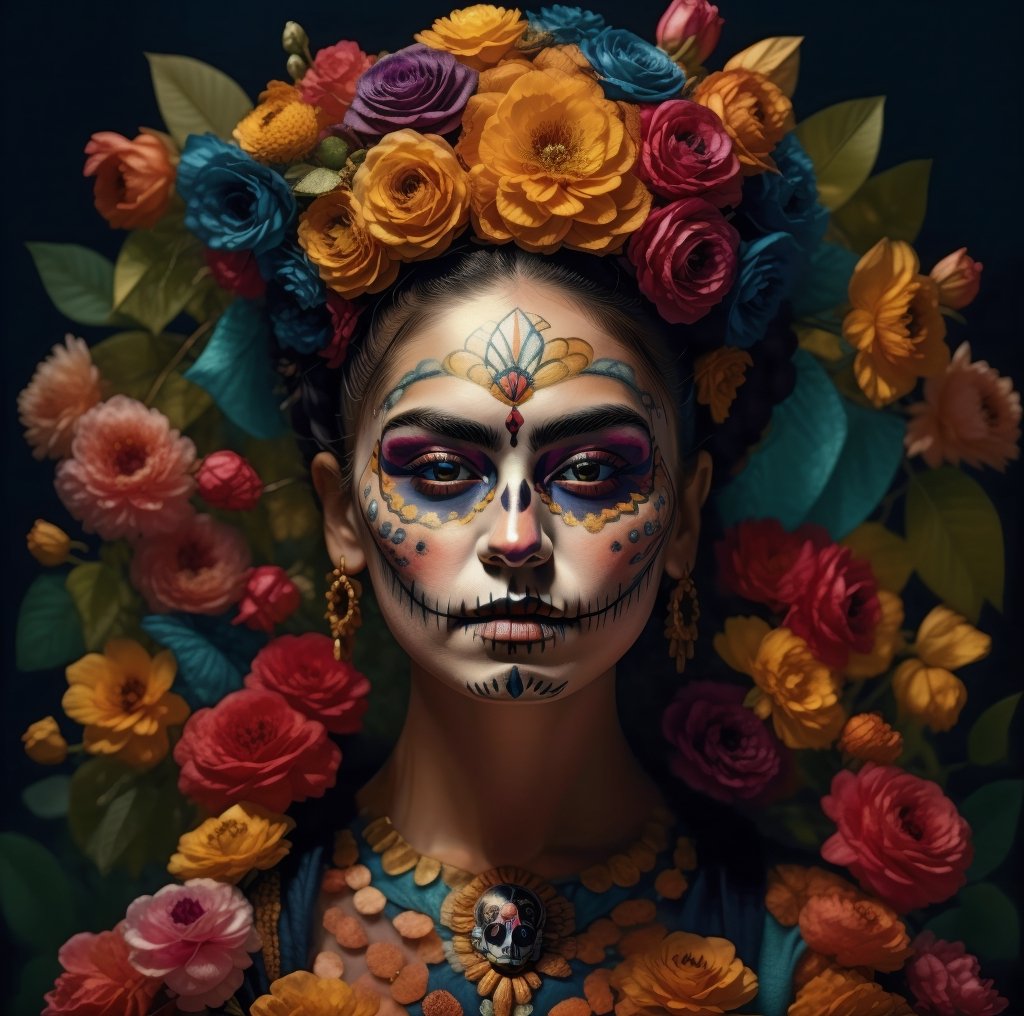 Crea un retrato de Frida Kahlo con maquillaje de catrina para el Día de muertos, colores vivantres, elementos naturalistas, óleo sobre lienzo, (masterpiece, best quality:1.5),leonardo,xyzgg style