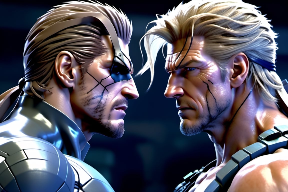 Solid snake vs liquid snake, facing each other. ,High detailed ,Color magic,cyborg style