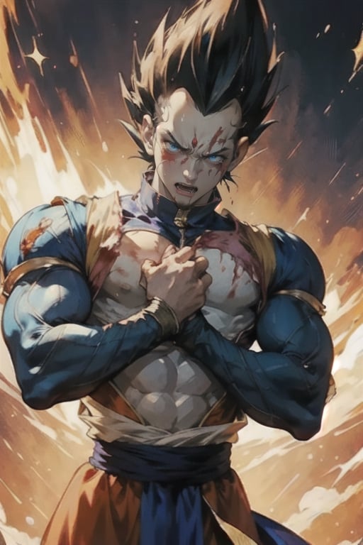 Vegeta, DBZ, Dragon ball Z, renaissance style, painting_(artwork), vibrant colors, vivid rage, mad expression, screaming and posing in an epic desperate pose, bleeding from his chest, exposed wound on his chest.,renaissance