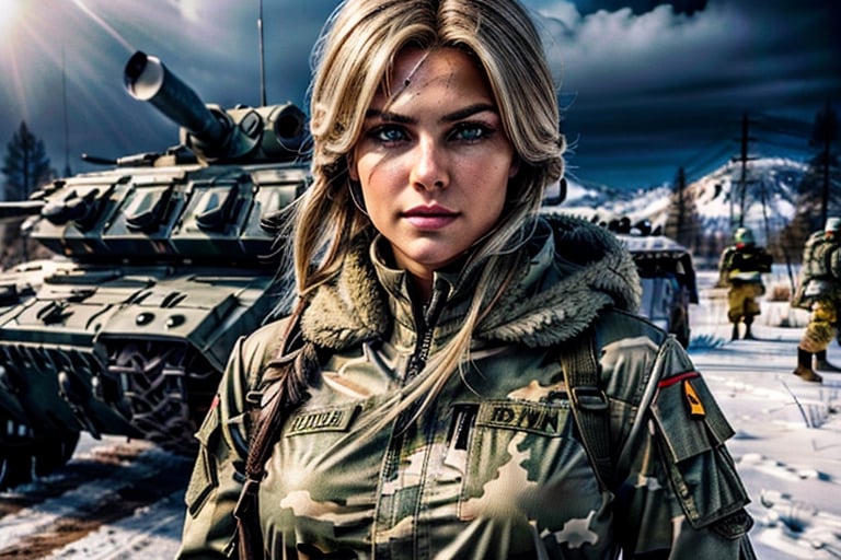 [sniper wolf] blond,beautiful detailed eyes,beautiful detailed lips,extremely detailed eyes and face,longeyelashes,full_body shot, wide angle lens,female character, video game,realistic,photorealistic:1.37,ultra-detailed,highres,[oil painting],camouflage costume,cold expression,intense gaze,military background,Siberian Sniper,sharp focus,professional,vivid colors,dark and moody lighting