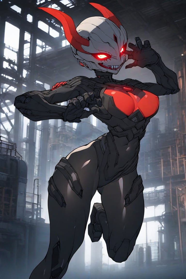 masterpiece, best quality,1girl, (solo:1.3), in black and red style ,demon mask, [mechanical|symbiote] suit, factory background,glowing eyes, i-no