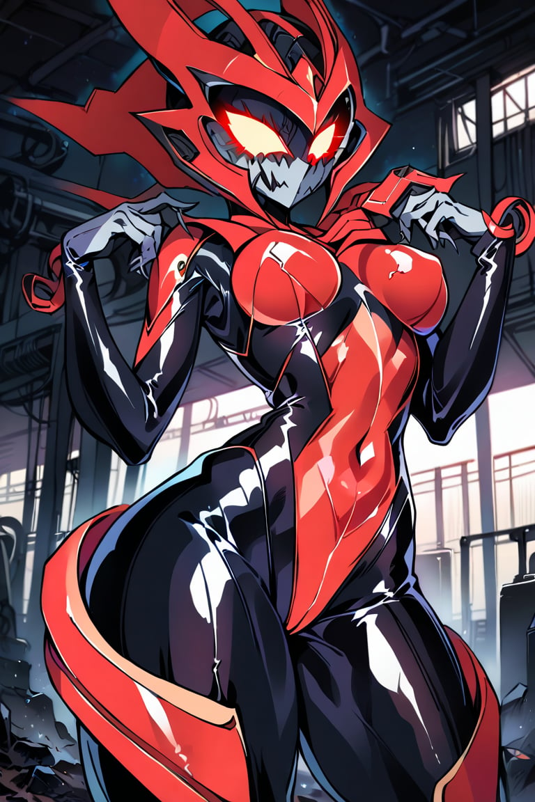 masterpiece, best quality,1girl, (solo:1.3), in black and red style ,demon mask, [mechanical|symbiote] suit, factory background,glowing eyes,dark magician girl,score_8_up,shiny skin,wet skin