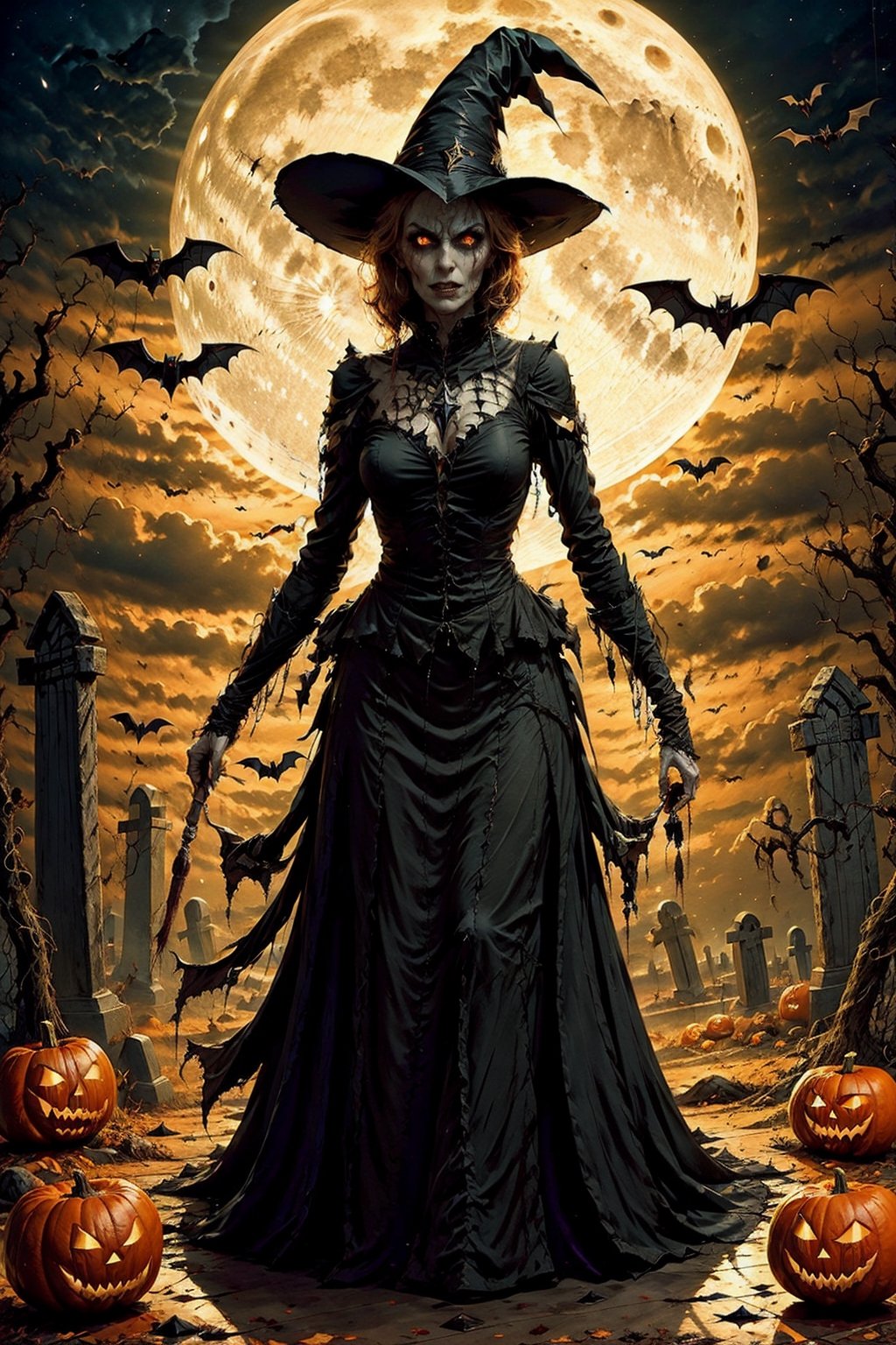 a witch, in the middle of the grave, night, crescent moon, scary, horror, halloween,creepy