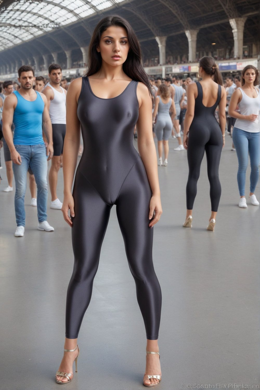 Generate hyper realistic 8K image of a beautyful Italian woman, 30 y.o., athletic, (in shiny solid black plain smooth (shiny) lycra spandex biflex tank unitard, (ultra low rise:1.2), ankle length, seamless, ultra_thin shiny fabric), sculpting body, (long straight black hair), small breasts, (muscular fat legs), (she's standing in sexy pose on the crowded railway station in Roma, daylight:1.1), (high heels:1.2), aroused, excited, emotional face, brown eyes, full lips, (protruding nipples), (thin waist), (plus size:0.5), (full body shot:1.1),a3robic,80s aerobic outfit