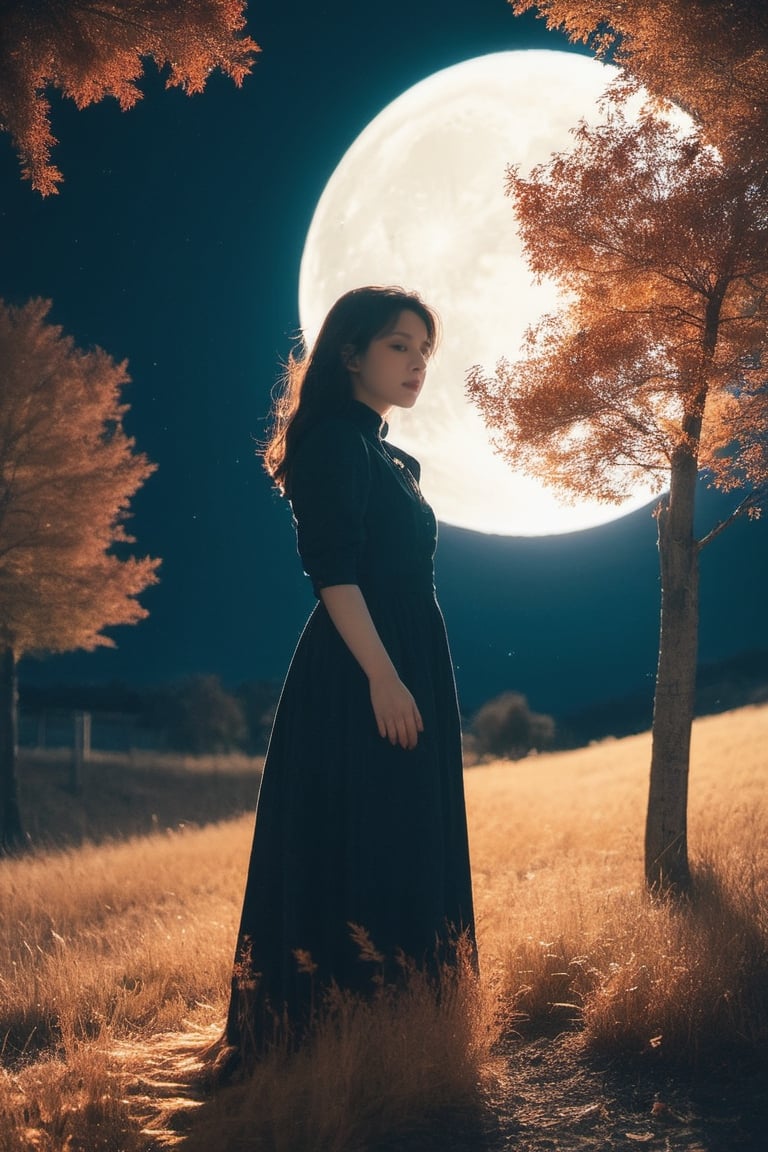 1girl, solo, ,full body, xxmixgirl, night, moon, trees, autumn_leaves