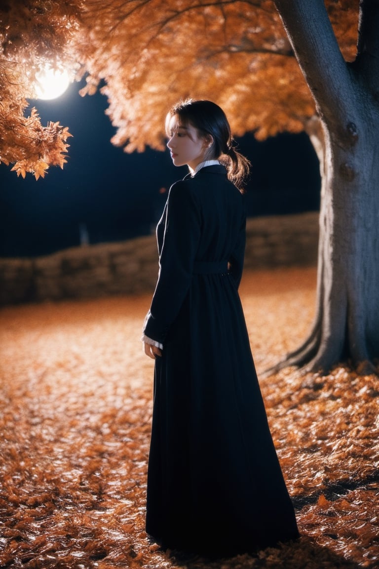 1girl, solo, ,full body, xxmixgirl, night, moon, trees, autumn_leaves