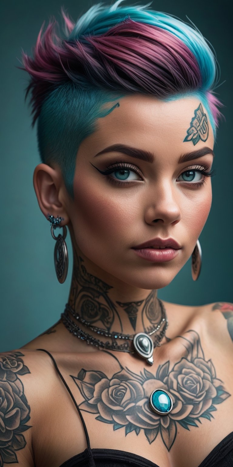 woman wearing Mannerpunk fashion, Mahogany skin, Ice Blue eyes, Turquoise blue Undercut, rose tattoo, portrait, character art, masterpiece, 8k, high resolution, shallow depth of field, sharp focus,