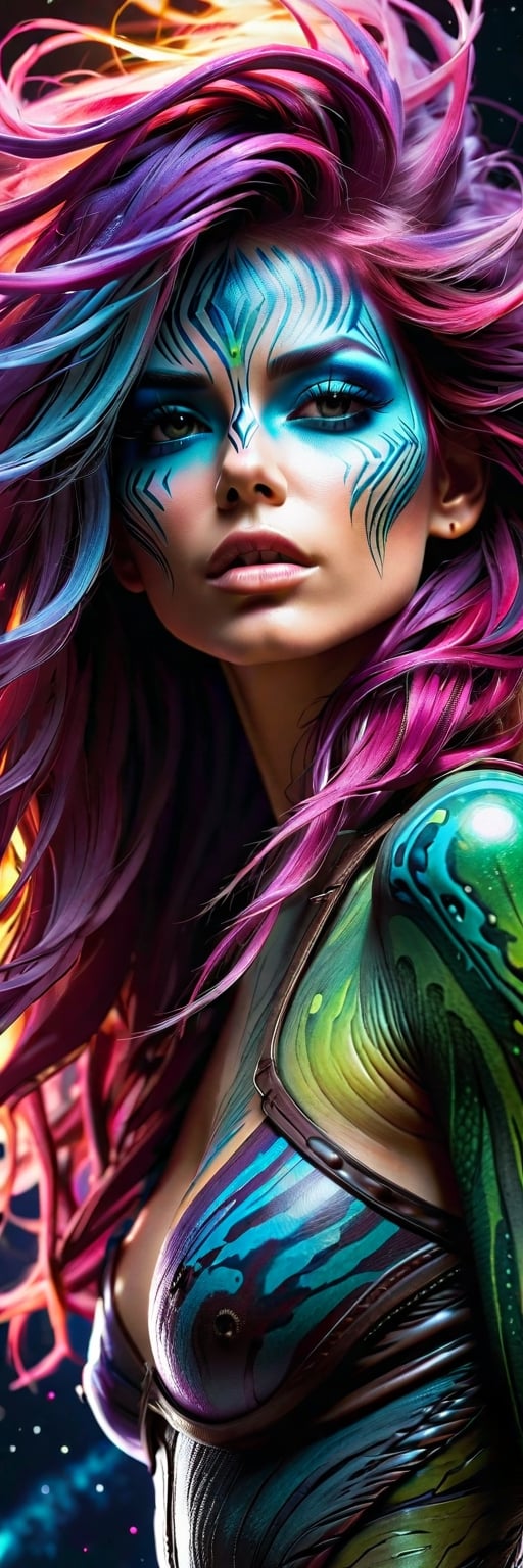 xtraterrastrial ultra brutal cosmic badass, magazine cover photostudio shot, energy, full height, alien planet, Carne Griffiths, Ralph Horsley, facepaint, beautiful hair, beautiful hairstyle, chiaroscuro, cinematic light, rim light, ambient light, neon light, ultra high textured, ultra high quality