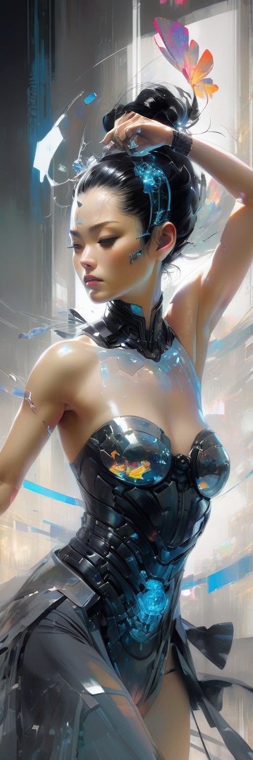 Cyborg woman Moa Kikuchi, transparent body, fractured, muscles torn, captured in a digital painting  styles of Jeremy Mann, transparent cinematic hologram, internal glow showcasing muscle tissue, nerves, resembling a gynoid with the whimsy of Samurai and mythical charm, Makoto Shinkai's layer of depth
,crystal_clear,SelectiveColorStyle,art_booster