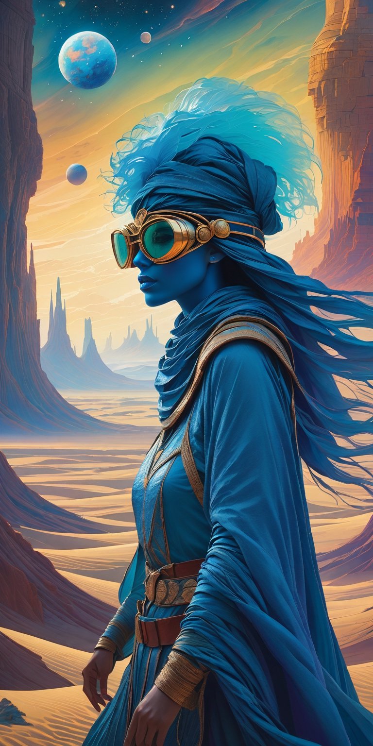 Imagine a lone woman with wind-kissed hair and eyes shielded by weathered goggles, a silhouette against the vastness of an alien desert. This scene, drawing inspiration from the surrealism of Tomasz Alen Kopera, places her on a distant planet envisioned by the likes of Hildebrandt and Peter Mohrbacher. Around her, the terrain whispers stories of blue djinn and astral mysteries, reminiscent of the vibrant avatars found in Starfinder. She stands enveloped in the celestial hues of an otherworldly sky—a palette that could only be conceived by Astri Lohne—where the atmosphere dances with colors that defy earthly expectations. Here, she is both explorer and part of the cosmic canvas, a figure of resilience and wonder amidst the colorful chaos of an alien world.