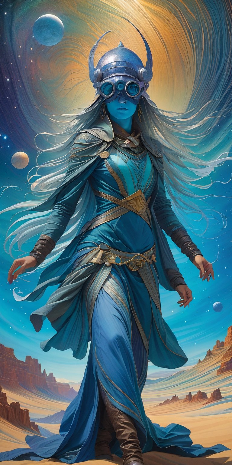 Imagine a lone woman with wind-kissed hair and eyes shielded by weathered goggles, a silhouette against the vastness of an alien desert. This scene, drawing inspiration from the surrealism of Tomasz Alen Kopera, places her on a distant planet envisioned by the likes of Hildebrandt and Peter Mohrbacher. Around her, the terrain whispers stories of blue djinn and astral mysteries, reminiscent of the vibrant avatars found in Starfinder. She stands enveloped in the celestial hues of an otherworldly sky—a palette that could only be conceived by Astri Lohne—where the atmosphere dances with colors that defy earthly expectations. Here, she is both explorer and part of the cosmic canvas, a figure of resilience and wonder amidst the colorful chaos of an alien world.