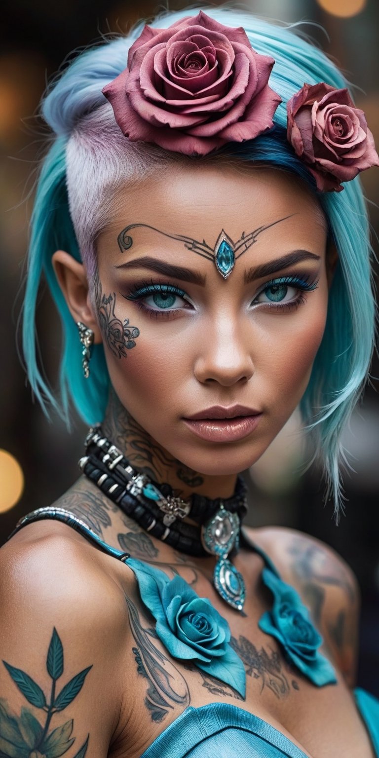 woman wearing Mannerpunk fashion, Mahogany skin, Ice Blue eyes, Turquoise blue Undercut, rose tattoo, portrait, character art, masterpiece, 8k, high resolution, shallow depth of field, sharp focus,crystal_clear