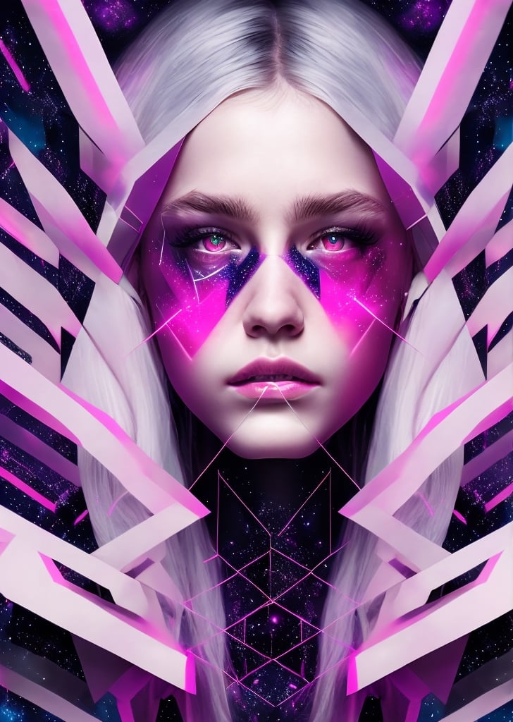 double exposure, girl long white hair, galaxy stars, background, glowing magenta eyes,, abstract geometric gradients, glowing fractals, glitched reality, bio-luminescent haute couture, cybernetic terror chic,  
