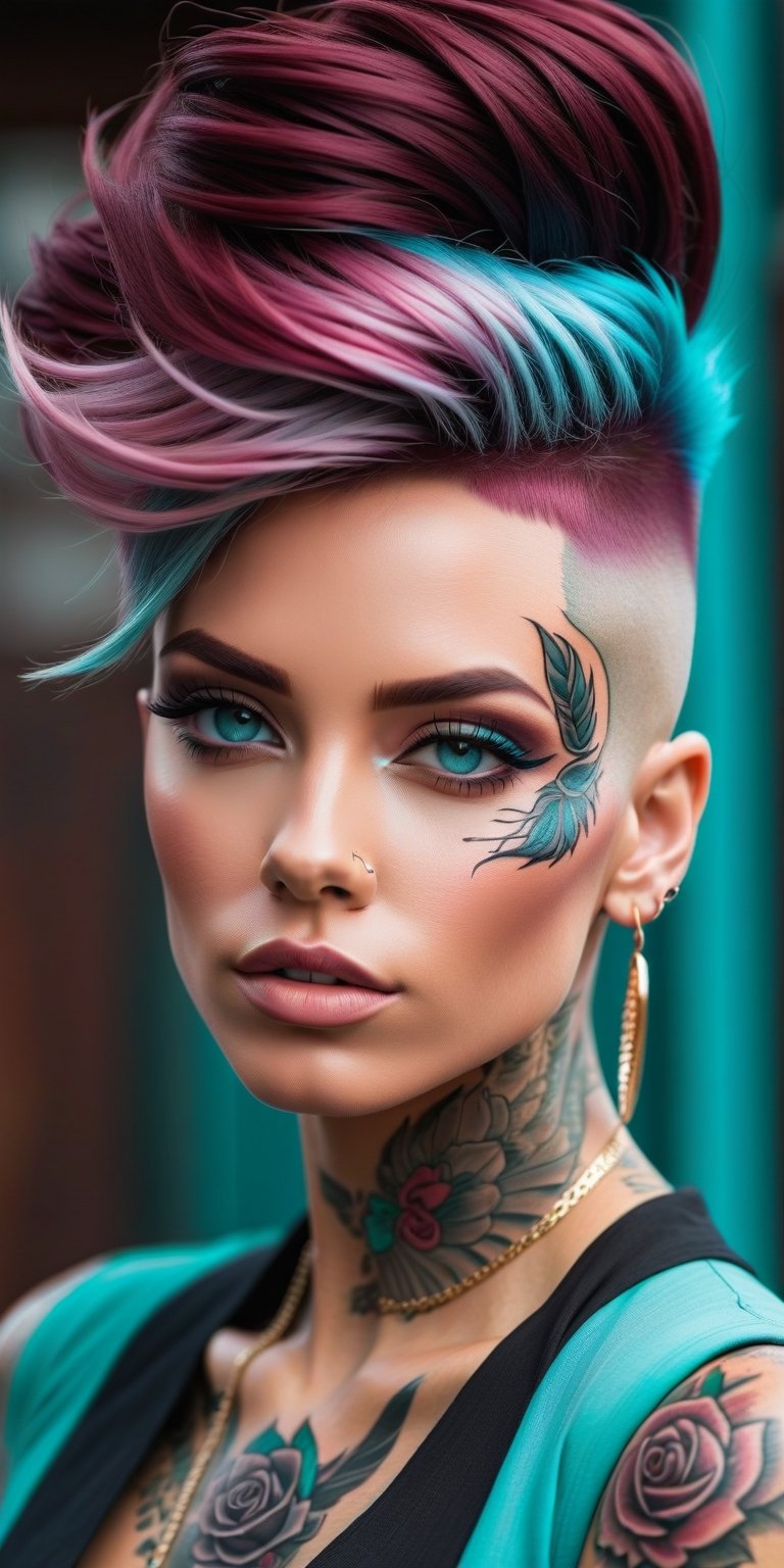 woman wearing Mannerpunk fashion, Mahogany skin, Ice Blue eyes, Turquoise blue Undercut, rose tattoo, portrait, character art, masterpiece, 8k, high resolution, shallow depth of field, sharp focus,