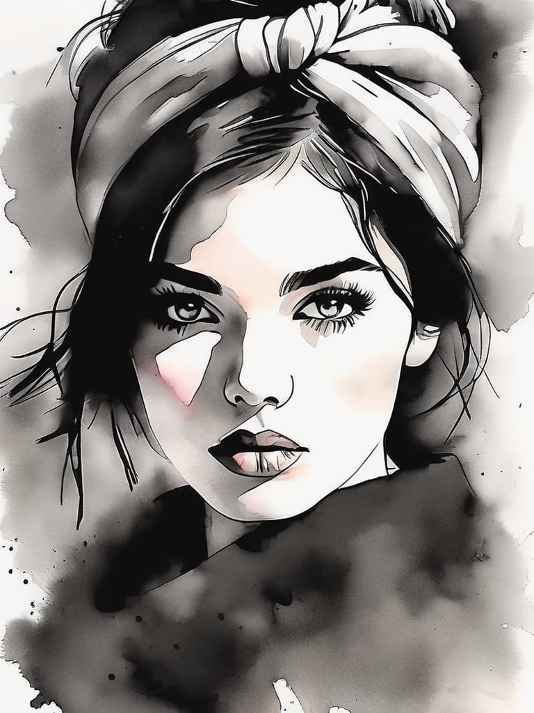 26 yo beautiful european girl,  black hair, thin bandana, eye makeup, very long eyelash, fluffy  lips, open mouth, by vovin, grey eyes, portrait, rough sketch, minimalist sketch, black white sketch and some random color watercolor touch, art_booster