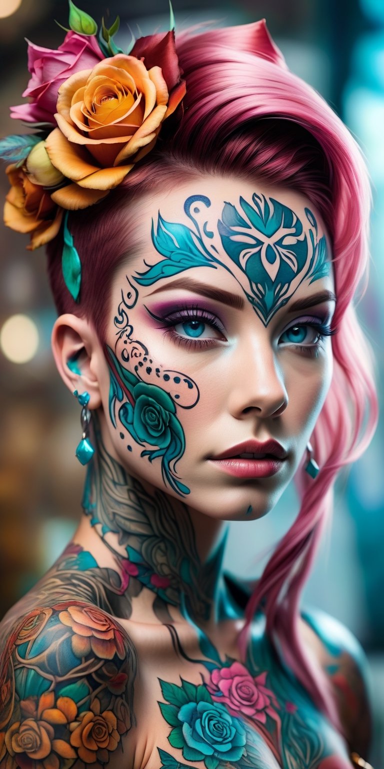 woman wearing Mannerpunk fashion, Mahogany skin, Ice Blue eyes, Turquoise blue Undercut, rose tattoo, portrait, character art, masterpiece, 8k, high resolution, shallow depth of field, sharp focus,Leonardo