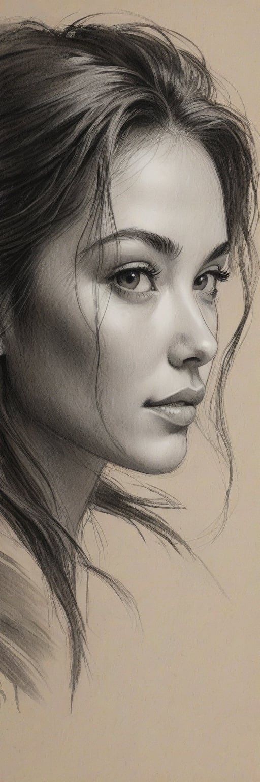 Charcoal Sketch: “A delicate portrait of a beautiful woman with wispy hair and soft features, her gaze captivating as it’s rendered in bold, sweeping strokes of charcoal on textured paper.,artint