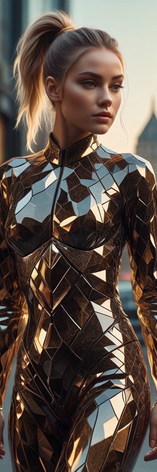 a beautiful and sexy french model 19 yo, ponytail, wearing a light golden and shiny obsidian futuristic hexagonal suit, sexy suit, organic translucent surface textures, looking at camera,  ultra high quality model, 8k Ultra HD a night in the city background, Karol Bak,Obsidian_Diamond