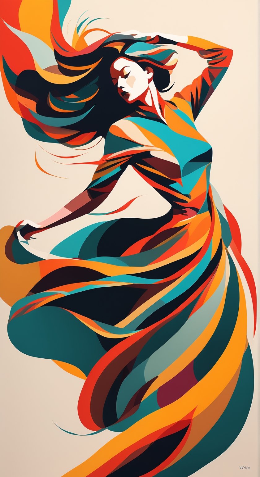 portrait of a woman, upperbody, minimalist, with dynamic movement and bold colors, by vovin, 