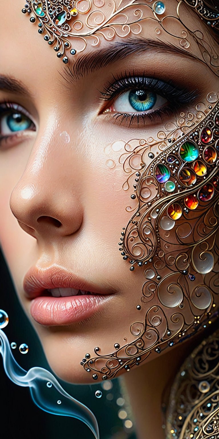 mysterious beautiful woman, perfect face and eyes, Alcohol ink, splatter art, oil painting, smoke, Miki Asai Macro photography, close-up, Fantastic Realism and Sharp Focus, Mysterious Filigree Elements, Glowing Accents,fantasy art