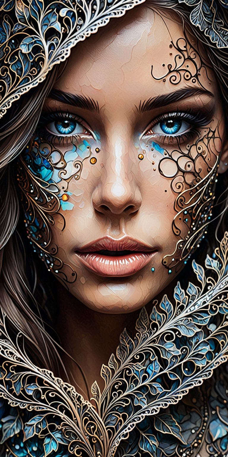 mysterious beautiful woman, perfect face and eyes, Alcohol ink, splatter art, oil painting, smoke, Fantastic Realism and Sharp Focus, Mysterious Filigree Elements, Glowing Accents,fantasy art