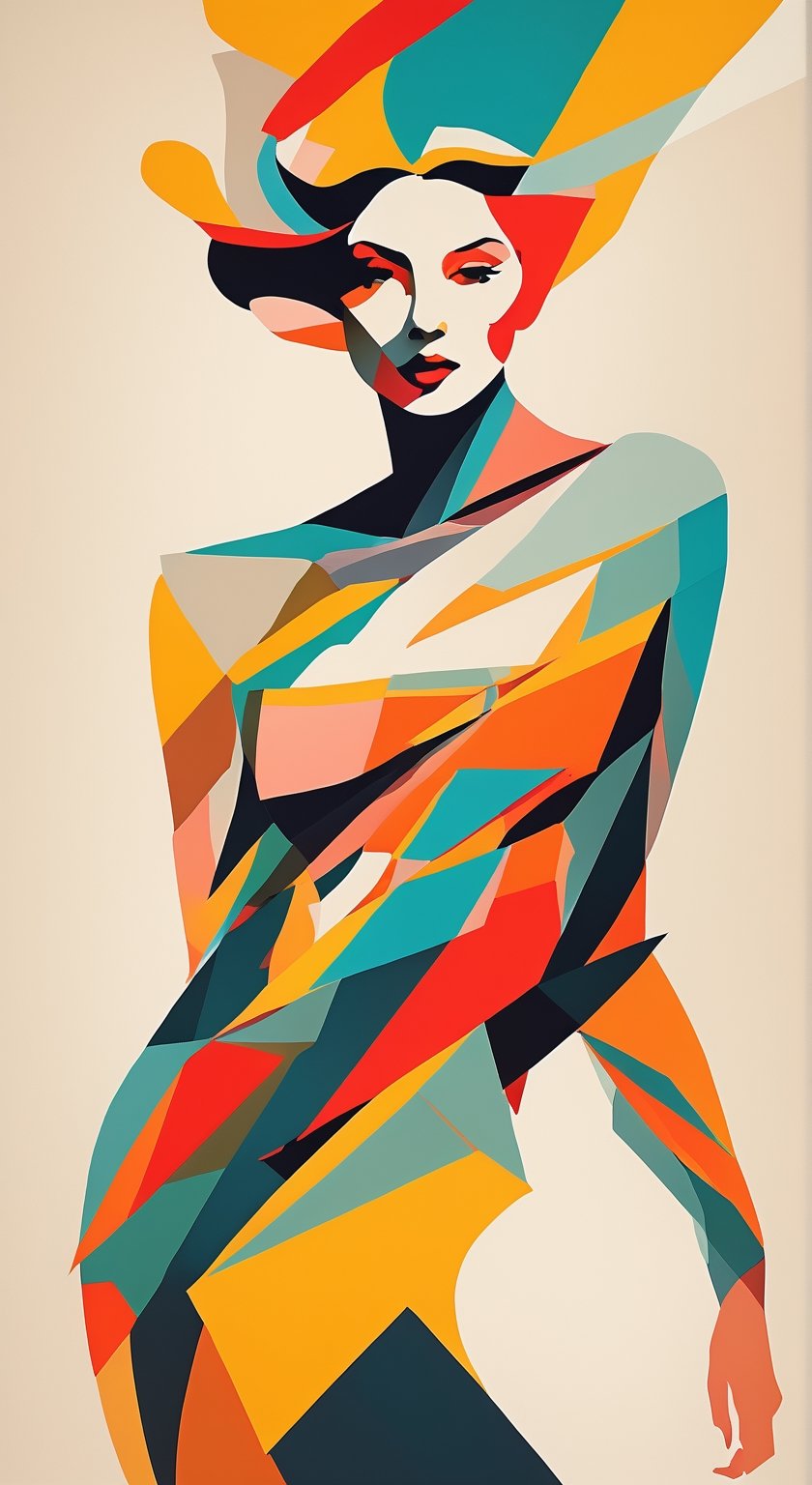 portrait of a woman, upperbody, minimalist, with dynamic movement and bold colors, by vovin, 