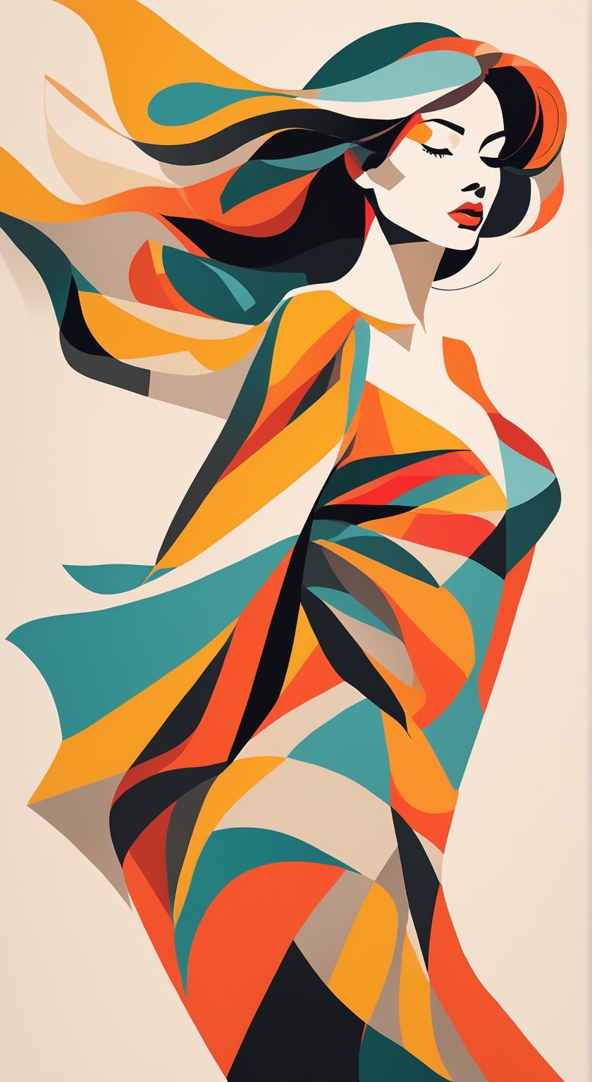 portrait of a woman, upperbody, minimalist, with dynamic movement and bold colors, by vovin, 