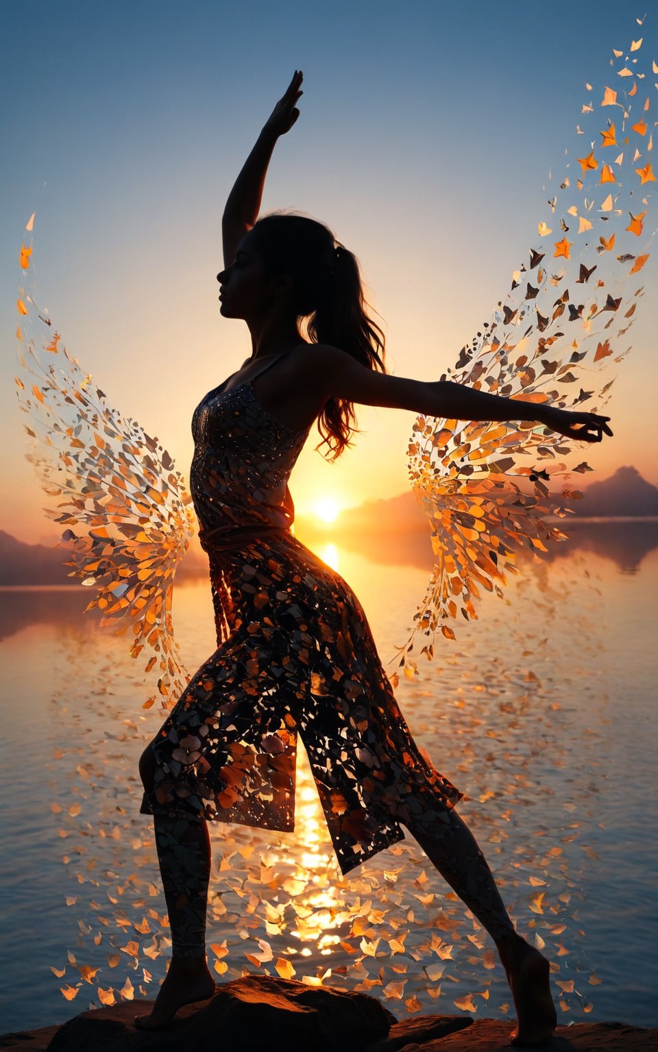 (masterpiece, best quality:1.2), 1girl, solo,standing_split, Silhouette Art of 1girl, multiple exposure, sunset, enhance, intricate, (best quality, masterpiece, Representative work, official art, Professional, unity 8k wallpaper:1.3)
