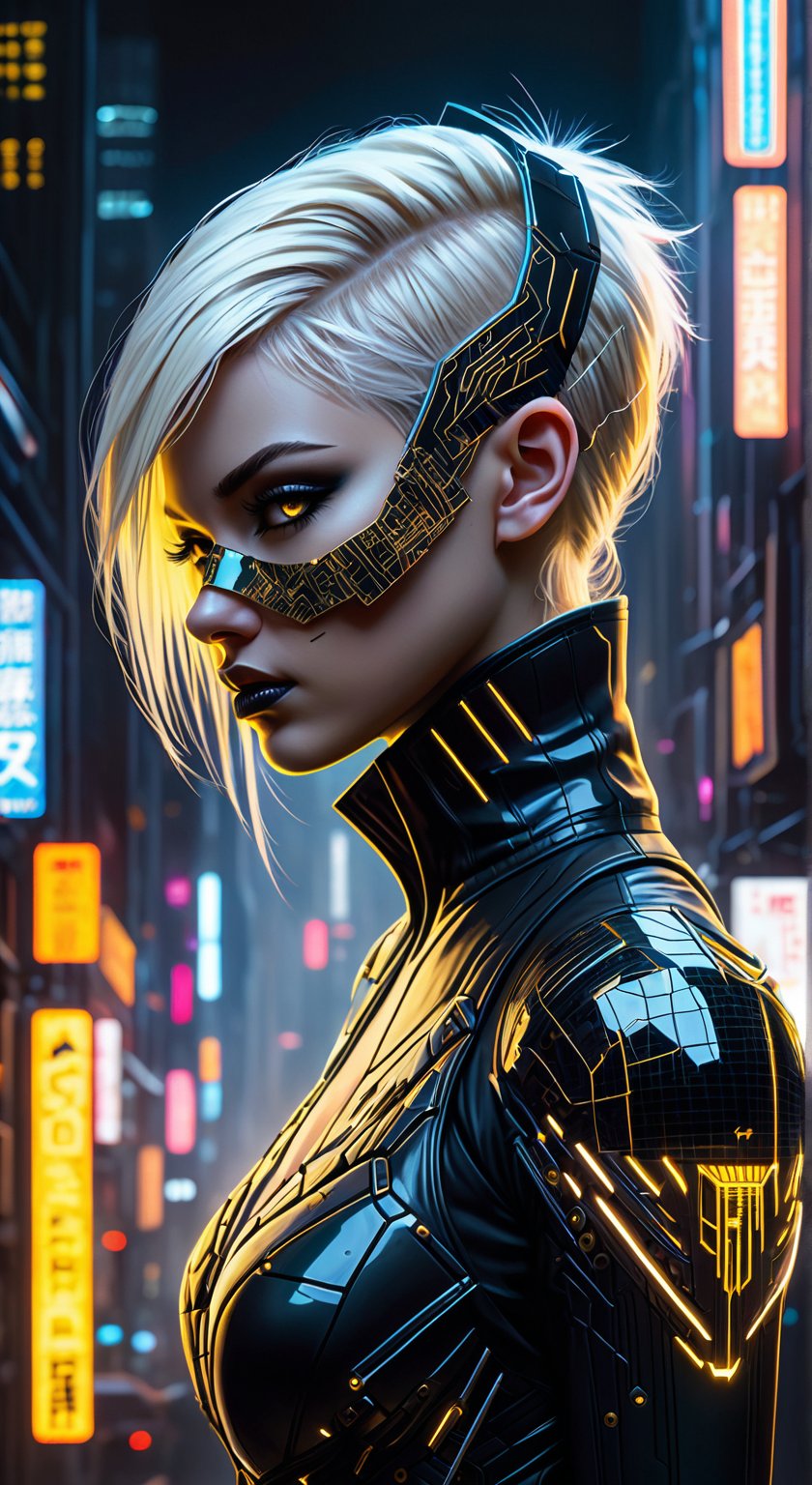 A cyber-noir portrait emerges: a young woman with platinum blonde hair contrasts against the ink-black cyberpunk cityscape veiled behind her. Her hair is undercut with neon tracers that emulate the city's electric veins, a stark silhouette against the night. She wears a high-tech dress, its white fabric edged with angular, black graphene accents. The dress, embossed with interactive gold leaf circuits, reacts with subtle luminescence to her movements. Half her face is obscured by a shattered porcelain mask, now integrated with obsidian-black nanofibers and golden circuitry that whirs silently, reflecting a world of shadows and artificial light. The mask's eye socket glows ominously, revealing her serious expression through a visor displaying cryptic data streams. Dramatic underlighting carves out her figure, casting her in a web of shadows and accentuating the fine, dark details of her cybernetic enhancements, crafting a portrait that is provocatively cyberpunk yet rooted in a dark, textured reality.
