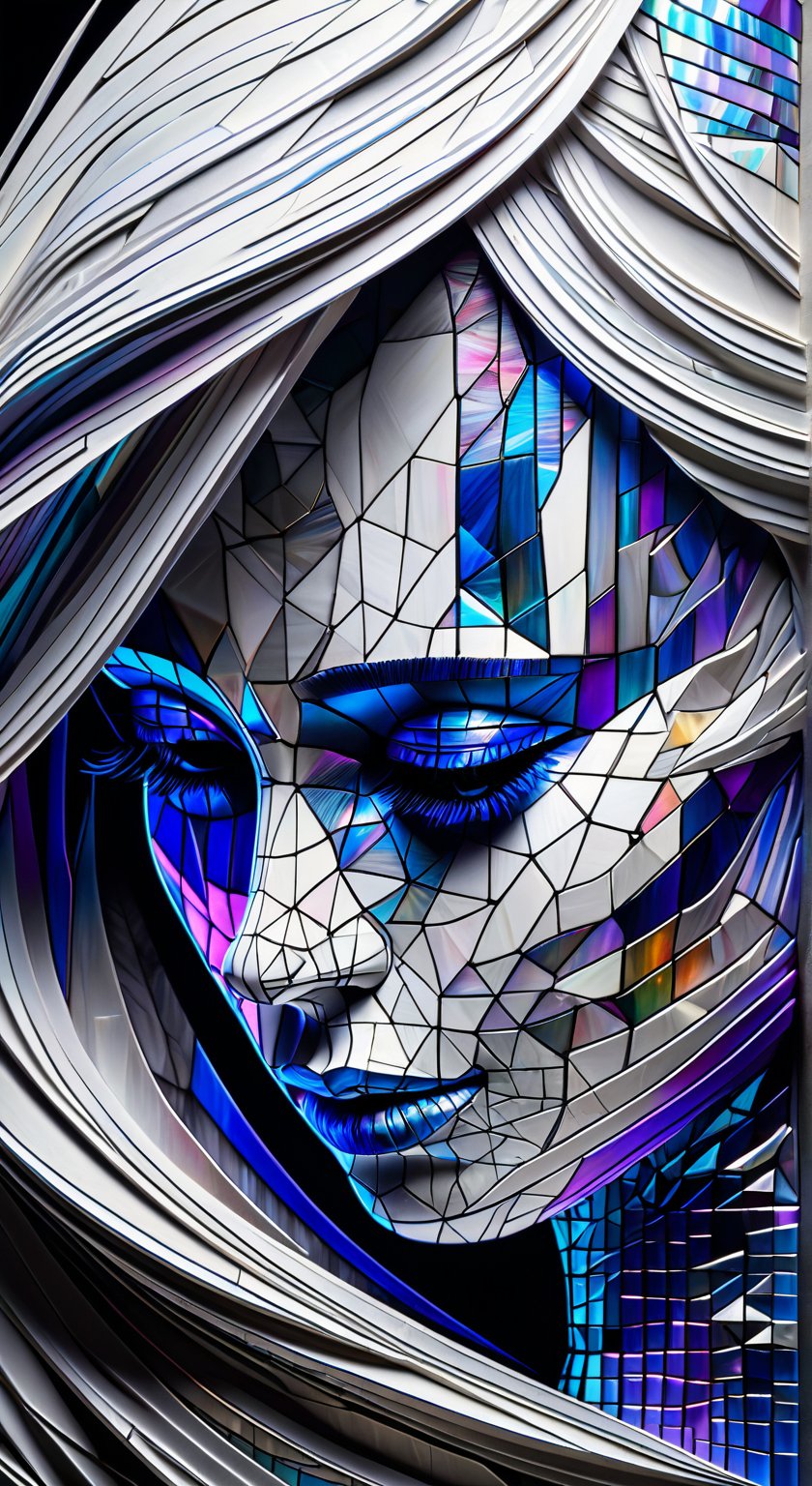 TranslucentGeometry, woman, flowing hair and skin resembling shattered black glass interwoven with geometric patterns, reflecting a complex interplay of colorful abstract and real elements of her surroundings. This stark, monochromatic palette is enriched with bursts of iridescent colors—vivid blues, purples, and greens—that highlight her introspective and poignant expression. Beneath her translucent skin, the skeletal structures incorporate geometric forms, adding an intricate layer of design and delving into themes of identity and self-perception. Rendered in 4K 3D, the focus is on the dark, fragmented texture intertwined with precise geometric lines and dramatic lighting that casts deep, structured shadows interplayed with colorful light reflections, creating an enigmatic and intense atmosphere. Integrate elements of fine white and silver particles forming crystalline shapes across her body, with light and shadows dynamically interacting within the geometrically fragmented form. Artistic motifs include a swirling vortex with angular edges, cosmic waves rendered in sapphire tones with vector-style graphics, and ethereal Yarn DNA structures resembling a sequence of interconnected polygons against a backdrop of a stark, minimalist white wall. Above her, the sky melds surreal cracks with a structured, grid-like pattern, illuminated by a twilight sunset that casts a spectrum of chromatic hues, enhancing the blend of surrealism and structured reality.