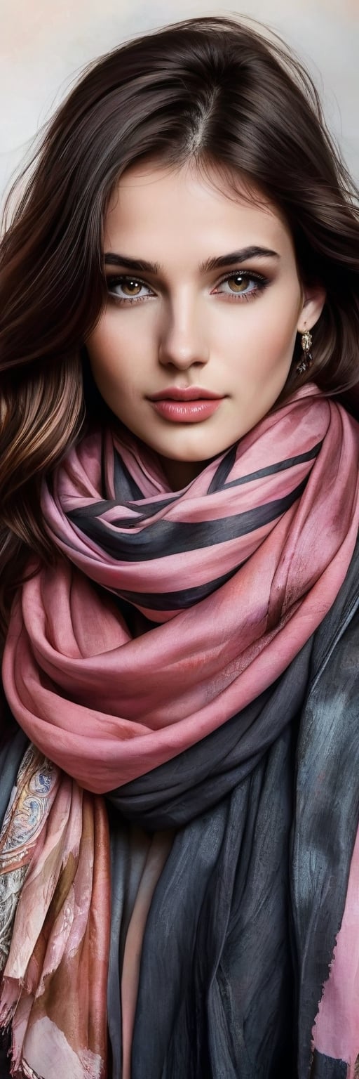 Hyper realistic image of a 25-year-old Mediterranean beauty, her dark chestnut hair flowing freely, adorned with a slender silk scarf. Her deep hazel eyes are highlighted by subtle smoky makeup, and her full, rose-tinted lips part slightly in a whisper of a smile. The portrait captures her in a minimalist style, with bold charcoal lines and splashes of watercolor in earthy tones