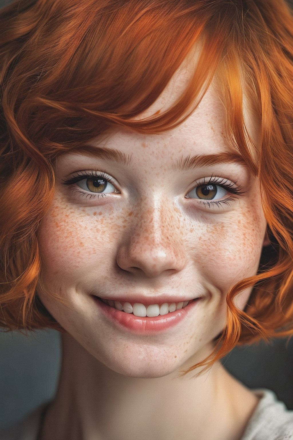 18 yo girl, beautiful, short ginger hair, freckles, shy smile, beautiful, natural skin, textured skin, by vovin, sam yang art style