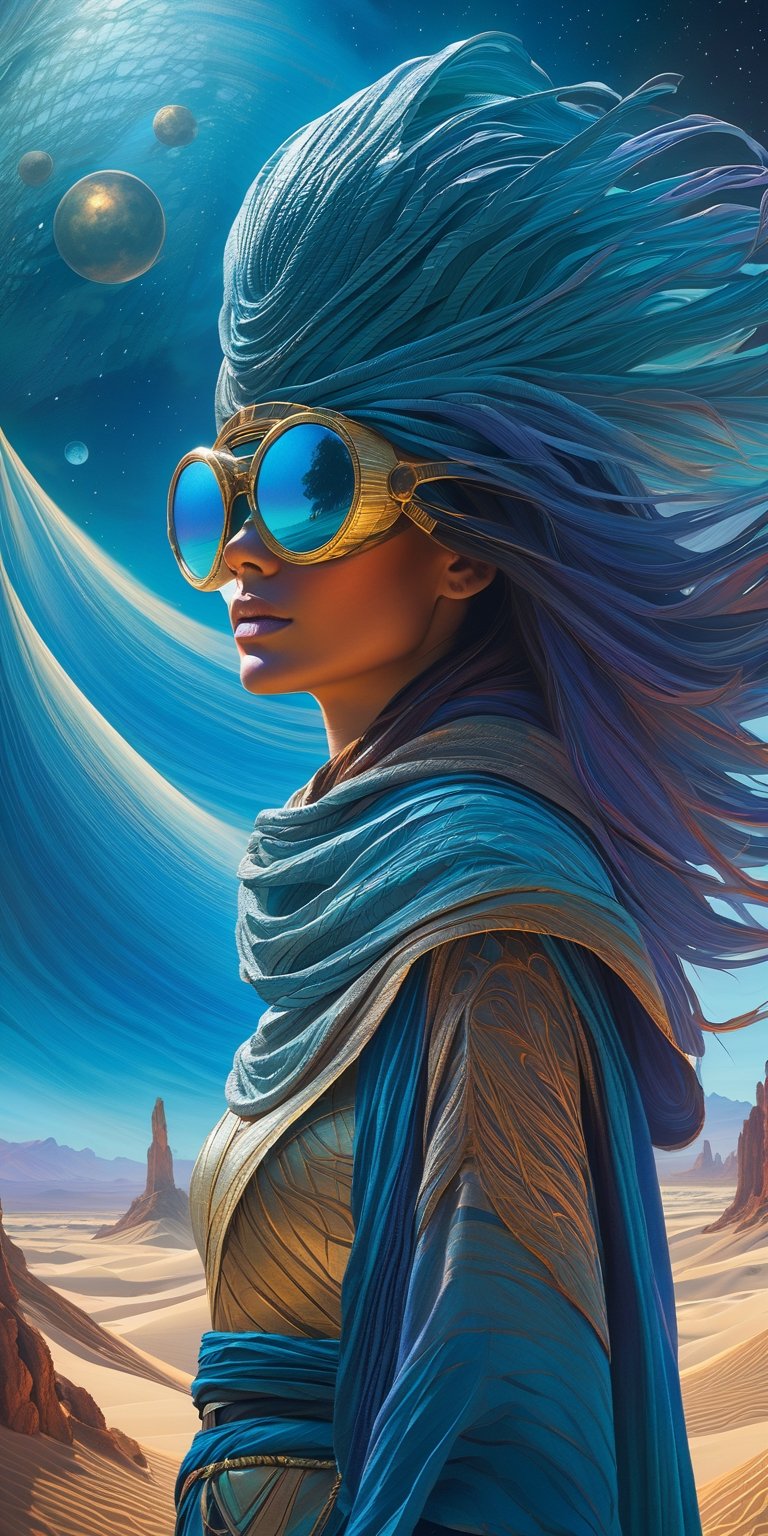 Imagine a lone woman with wind-kissed hair and eyes shielded by weathered goggles, a silhouette against the vastness of an alien desert. This scene, drawing inspiration from the surrealism of Tomasz Alen Kopera, places her on a distant planet envisioned by the likes of Hildebrandt and Peter Mohrbacher. Around her, the terrain whispers stories of blue djinn and astral mysteries, reminiscent of the vibrant avatars found in Starfinder. She stands enveloped in the celestial hues of an otherworldly sky—a palette that could only be conceived by Astri Lohne—where the atmosphere dances with colors that defy earthly expectations. Here, she is both explorer and part of the cosmic canvas, a figure of resilience and wonder amidst the colorful chaos of an alien world.