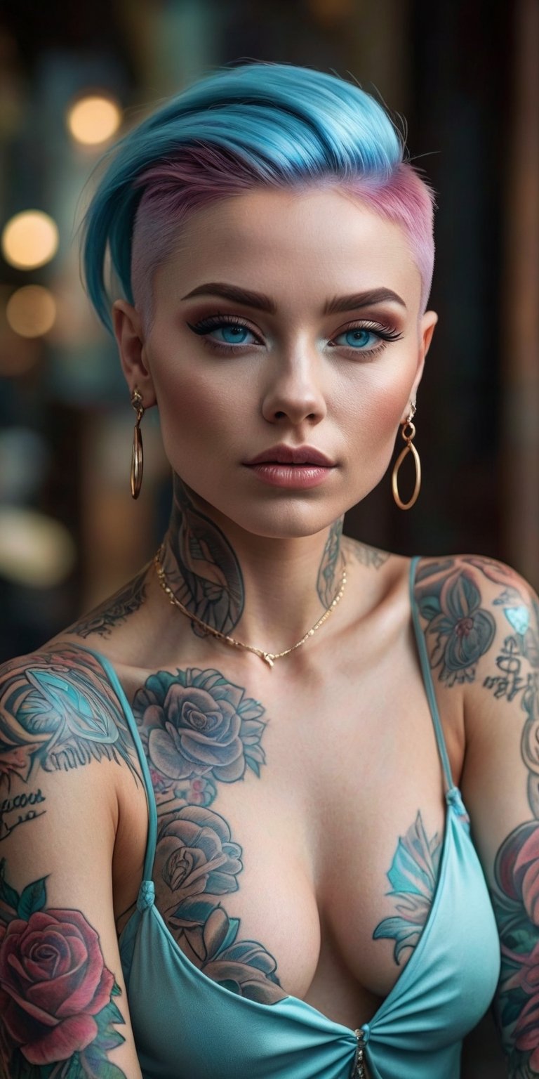 woman wearing Mannerpunk fashion, Mahogany skin, Ice Blue eyes, Turquoise blue Undercut, rose tattoo, portrait, character art, masterpiece, 8k, high resolution, shallow depth of field, sharp focus,crystal_clear