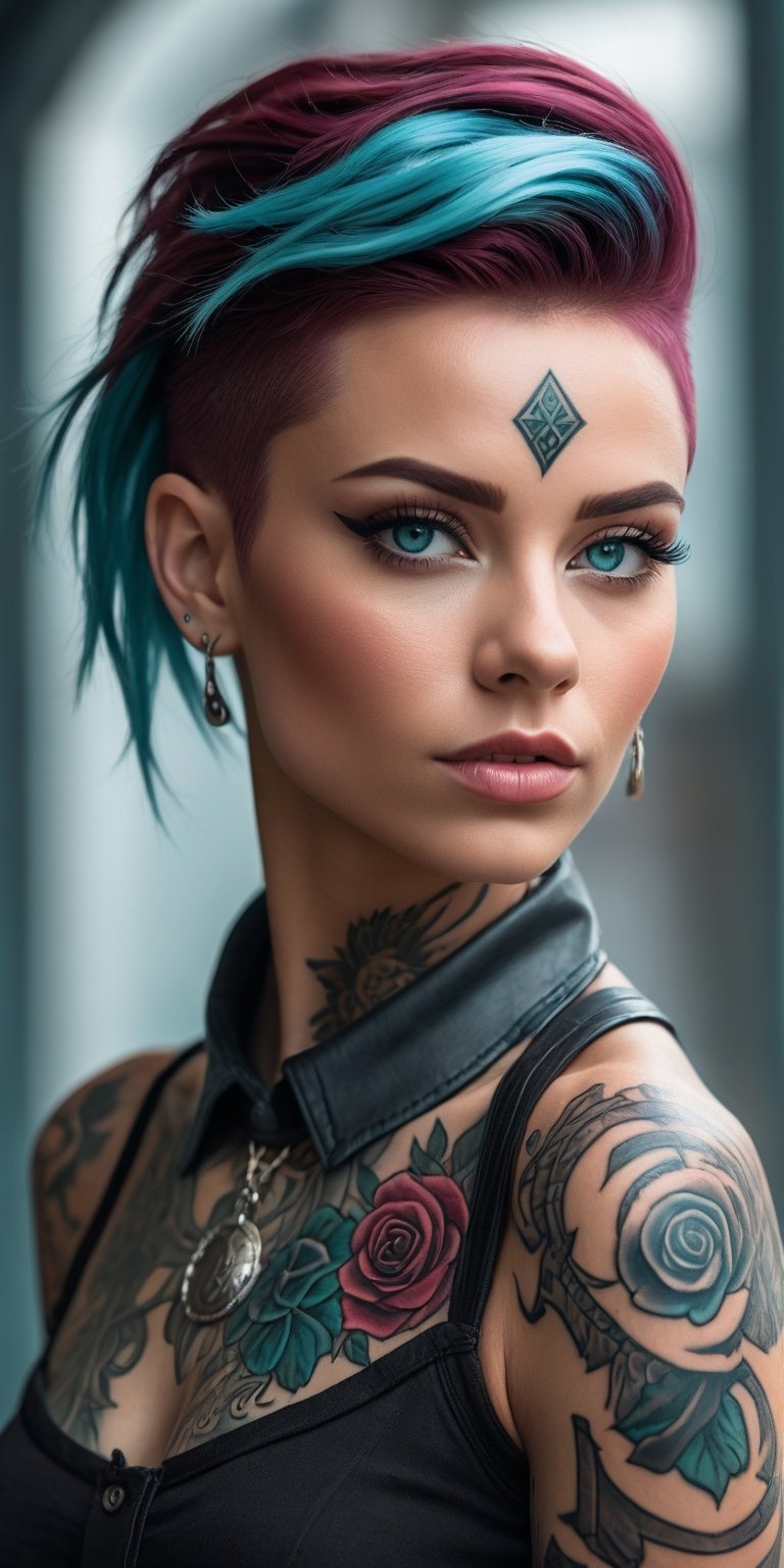 woman wearing Mannerpunk fashion, Mahogany skin, Ice Blue eyes, Turquoise blue Undercut, rose tattoo, portrait, character art, masterpiece, 8k, high resolution, shallow depth of field, sharp focus,